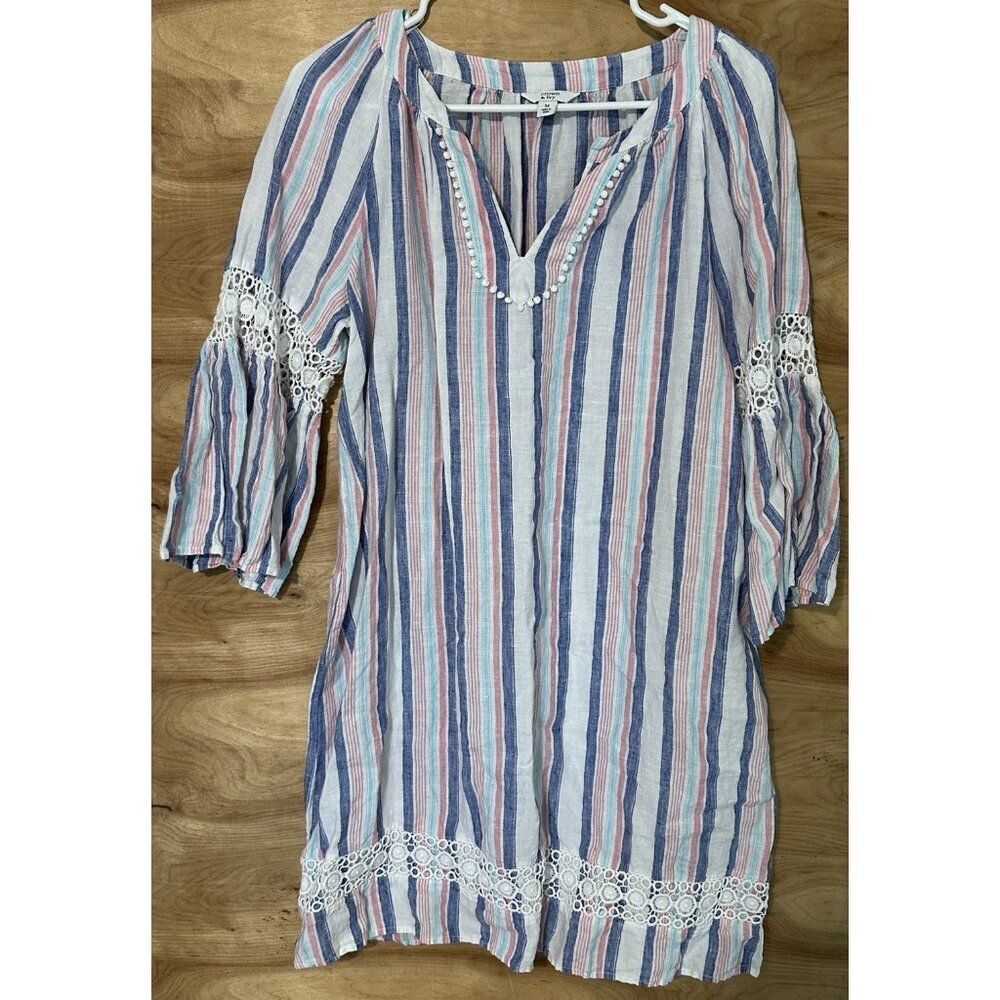Crown & Ivy Dress Med Striped Bell Sleeves Crochet Linen Boho